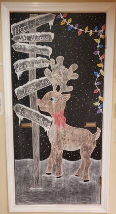 a chalkboard drawing of a reindeer standing in front of a signpost with directions