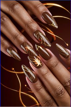 Upgrade your fall manicure with these stunning golden leaf accents! Perfect for adding a touch of elegance and autumn warmth to your look. 💅✨ #FallNailArt #GoldenLeaf #AutumnVibes Fall Nail Photography, Power Nails Design, Design Fall Nails, Leaf Nail Design Fall, 90s Fall Nails, Brown With Gold Nails, Fall Short Nail Colors, Almond Nail Art Fall, Golden Brown Nails