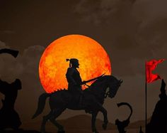 a man riding on the back of a horse in front of a giant orange sun