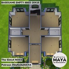 an overhead view of a three story house in the middle of a green area with text overlay that reads base game empty bed 2013