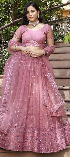 Pink and Majenta color Lehenga in Net fabric with Embroidered, Sequence, Thread work Ceremonial Pink Gown With Zari Work, Pink Sharara With Zari Work For Ceremonies, Pink Sharara With Resham Embroidery For Ceremony, Pink Semi-stitched Choli For Ceremony, Pink Semi-stitched Traditional Wear For Ceremony, Pink Dupatta With Intricate Embroidery For Ceremony, Semi-stitched Pink Choli For Ceremonies, Pink Sharara For Ceremony With Traditional Drape, Pink Semi-stitched Lehenga For Ceremony