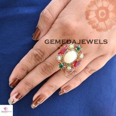 Natural Opal Gemstone Ring, Ruby Gemstone Ring, Emerald Silver Ring, Pave Diamond Jewelry, 925 Sterling Silver Jewelry, 14k Gold Plated Ring Gross Weight: 10.36 gram Gemstone Weight: 10.79 cts Diamond Weight: 0.60 cts Ring Size: 30X26 MM NOTE:- All The Products Are Designed And Manufactured In My Workshop By Me & My Team. Shown Products Are Purely Handmade. Custom Orders Are Open Handly Accepted. We Are the Perfect Choice For Any Custom Jewelry Manufacturing. For Bulk Orders Please Message m Oval White Ruby Gemstone Ring, Oval Multicolor Hallmarked Ring, Multicolor Oval Hallmarked Ring, White Ruby Multi-stone Ring For Anniversary, White Multi-stone Ruby Ring For Anniversary, Fine Jewelry White Multi-stone Rings, Multicolor Oval Stone Setting Jewelry, Multicolor Oval Jewelry With Stone Setting, Anniversary White Ruby Ring With Multi-stone