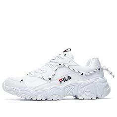 (WMNS) Female FILA Cat Claw Sports Casual Shoes F12W034129FWT (SNKR/Women's) White Lace-up Walking Shoes For Streetwear, White Breathable Lace-up Chunky Sneakers, White Chunky Sneakers With Elastic Laces For Streetwear, White Breathable Chunky Sneakers For Jogging, White Chunky Sneakers With Laces For Light Sports, White Low-top Running Shoes With Elastic Laces, White Chunky Sneakers With Laces For Sports, White Chunky Sneakers For Jogging With Cushioned Footbed, White Synthetic Walking Shoes With Elastic Laces