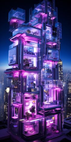 an image of a futuristic building that looks like it is lit up with purple lights