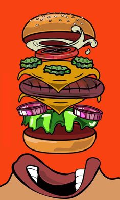 a drawing of a giant hamburger with cheese and lettuce