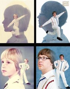 four different pictures of people in white and blue outfits, with one man wearing glasses