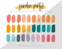 the color palette for garden party is shown in shades of orange, yellow and blue