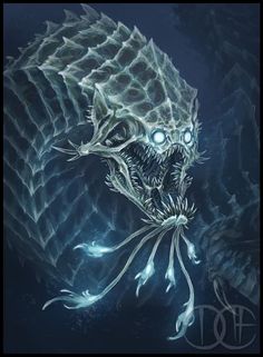 an alien creature with glowing eyes and large teeth, in the dark blue sea water