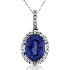 Royal 14K White Gold Oval-Cut Tanzanite and Diamond Halo Pendant - 2.90 Carat Tanzanite and 0.18 Carat Diamond Total Weight Luxury Tanzanite Oval Pendant Necklace, Tanzanite Pendant, Tanzanite Necklace, Halo Necklace, Diamond Birthstone, Tanzanite Diamond, Jewelry Appraisal, Halo Pendant, Ring Pendant Necklace