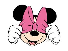 minnie mouse face with pink bow on it's head and hands behind the ears