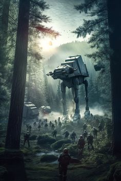 star wars battle scene with at - at in the woods