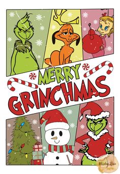 an image of christmas greetings with the grin's characters in different colors and sizes