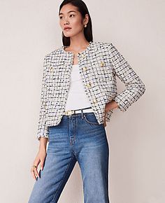 Elevate your wardrobe with the Ann Taylor Petite Short Patch Pocket Jacket in Confetti Fringe Tweed. This chic piece combines timeless elegance with a modern twist, perfect for any occasion.

- **Size:** Petite 12
- **Color:** Blue Lake
- **Material:** 76% Polyester, 9% Acrylic, 5% Rayon, 2% Wool, 8% Other Fibers; Lining: 100% Polyester
- **Gender:** Female
- **Fit:** Straight fit
- **Length:** 18 inches long
- **Features:** Crew neck, long sleeves, button front, patch button pockets, lined
- ** Ann Taylor Petite Outfits, Ann Taylor Outfits 2024, Tweed Jacket Outfit Women, Ann Taylor Outfits, Ann Taylor Outfit, Trendy Petite Clothing, Tweed Jacket Outfit, Petite Womens Clothing, Plaid Trench Coat