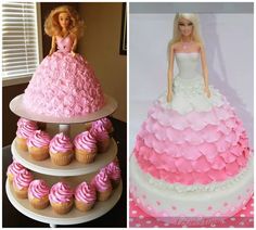 barbie doll cake and cupcakes with pink frosting on the bottom tiered