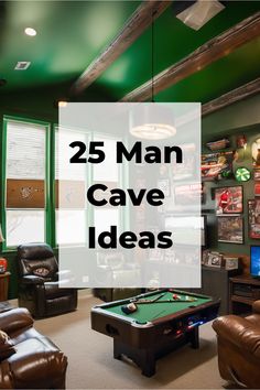 25 man cave ideas displayed in a cozy room with a pool table and reclining chairs. Man Cave Seating Ideas, Man Cave Small Room, Small Pool Table Room Ideas, Man Cave Design Ideas, Man Cave Ideas Room, Small Man Cave Ideas, Small Man Cave, Modern Man Cave, Cave Design