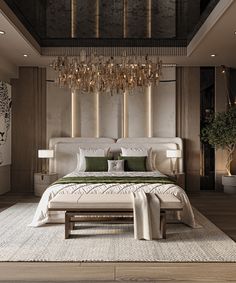 a bedroom with a large bed and chandelier hanging from the ceiling