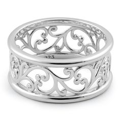 Sterling Silver Vines Band Ring Elegant Silver Wide Band Promise Ring, Classic Wide Band Ring In White Gold Sterling Silver, Classic Silver Filigree Ring With Polished Finish, Silver Filigree Ring With Polished Finish For Anniversary, Elegant Sterling Silver Wide Band Ring For Anniversary, Elegant Wide Band Silver Sterling Silver Ring, Elegant Wide Band Silver Ring In Sterling Silver, Elegant Wide Band Silver Sterling Ring, Luxury Silver Filigree Ring In Sterling Silver