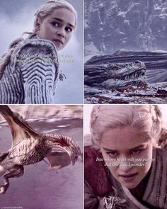 the game of thrones character is depicted in four different scenes, including an image of a woman and a dragon