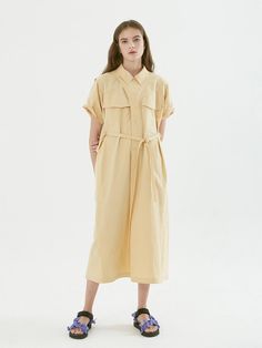 Editor's NotesThis dress is made from a cotton in a yellow hue in a loose silhouette. It has a dropped shoulder and a waistbelt to be cinched.- Sizable chest pockets and concealed zipper at the front placket- Detachable waist belt to be cinched- Cotton poplin in a loose fit and midi length Measuremets(inch)One size- Length: 48.8- Shoulder width: 16.3- Bust: 45.7- Sleeve length: 8.3Composition & Care- Composition: 100% Cotton- Handwash recommendedDesigner- Made in Korea- by&nbs Beige Belted Cotton Dress, Spring Beige Belted Dress For Daywear, Beige Belted Dress For Spring Daywear, Beige Spring Dress With Belted Cuffs, Spring Beige Dress With Belted Cuffs, Beige Spring Dresses With Belted Cuffs, Spring Beige Dresses With Belted Cuffs, Beige Dress With Belted Cuffs For Spring, Beige Summer Dress With Belted Cuffs