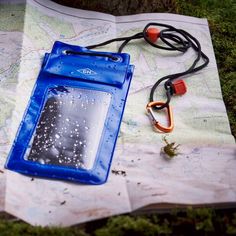 a blue water bag sitting on top of a map