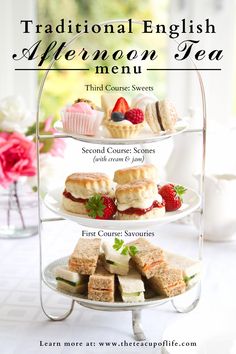 the traditional english afternoon tea menu is displayed on a three - tiered tray with strawberries, scones and cupcakes