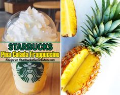 there is a pineapple drink with whipped cream in it and a starbucks logo on the side