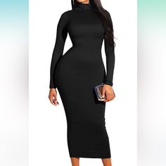 Long Sleeved, Black Bodycon Dress Size S. Zipper Back. Never Worn. Nonsmoking, No Pet Household Black Knee-length Bodycon Dress With Back Zipper, Fitted Black Bodycon Dress With High Neck, Black Bodycon Midi Dress With Back Zipper, Sleek Long Sleeve Black Bodycon Dress, Black Bodycon Dress With Back Zipper, Black Midi Dress For Club In Winter, Black Fitted High Neck Bodycon Dress, Black Midi Dress For Winter Clubbing, Fitted High Neck Black Bodycon Dress