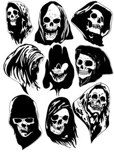 six skulls with headscarves and hoods in black on a white background illustration