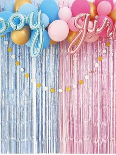 balloons and streamers with the word baby spelled out in pink, blue, and gold