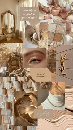 a collage of different images with gold and white accents, including an image of a woman's face