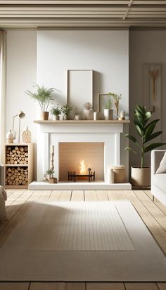 a living room filled with furniture and a fire place in the middle of the room