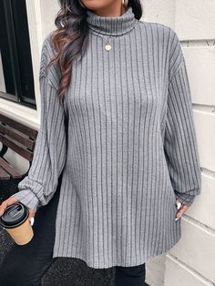 Plus Size Turtleneck Long Sleeve Solid Simple Casual Fitted Gentle Elegant T-Shirt Multicolor Casual  Long Sleeve Knitted Fabric Plain  Slight Stretch,Medium Stretch Spring/Fall Women Plus Clothing, size features are:Bust: ,Length: ,Sleeve Length: