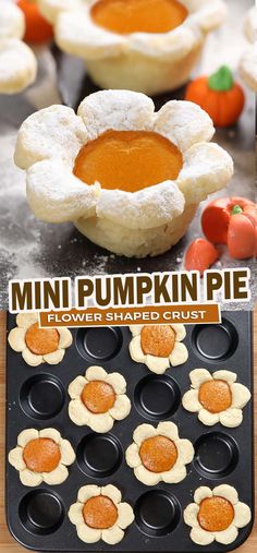 mini pumpkin pies in the shape of flower shaped crust on a baking tray with text overlay