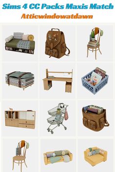 various types of furniture and bags are shown in this image with the text sims 4 c packs maxs match