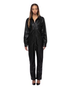 Black Jenna Jumpsuit For women vegan leather Fitted Long Sleeve Denim Utility Jumpsuit, Dark Wash Long Sleeve Utility Denim Jumpsuit, Medium Wash Fitted Long-sleeved Jumpsuit, Non-stretch Long Sleeve Denim Jumpsuit, Long-sleeve Cotton Denim Utility Jumpsuit, Collar Neck, Long Sleeve Jumpsuit, Leather Logo, Wide Leg Jumpsuit