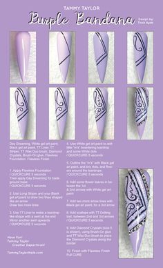 purple bandana rhinestones crystals paisley pastel lavender lilac black white detailed trends trendy spring summer nails festival 2021 Bandana Nail Art Tutorial, Nail Art Techniques Step By Step, Step By Step Nail Art For Beginners, Bandana Nail Art, Nail Painting Tips, Nail Art Step By Step, Nails Festival, Bandana Nails, Purple Bandana