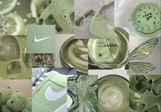 a collage of green and white items