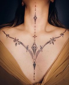 Chest Neck Tattoo, Mandala Sunflower, Sternum Tattoo Design, Symmetrical Tattoo, Necklace Tattoo, Throat Tattoo, Neck Tattoos Women