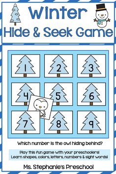 Winter Hide and Seek Game   Perfect for preschool classrooms to help students learn shapes, numbers, letters, colors, and sight words. Ordering Numbers Activities, Number Preschool, Preposition Activities, Number Activities Preschool, Kindergarten Classrooms, Pocket Chart Activities, Circle Time Activities, Cards On The Table