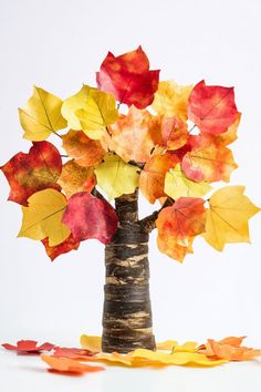 Craft tree decorated with colorful autumn leaves. Fun Fall Crafts For Kids, Fun Fall Crafts