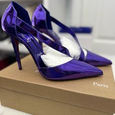 Brand New In Box Just As I Purchased Them. I Have Other Pairs I Wear More So I Am Parting With These. Serious Inquiries Only Please. Luxury Purple Heels With 4-inch Heel, Luxury Purple Heels With Heel Strap, Luxury Purple Evening Heels, Luxury Purple Pointed Toe Heels, Luxury Purple Closed Toe Heels, Louboutin Shoes, Christian Louboutin Shoes, Color Purple, High Heel