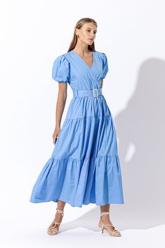 Remi Belted Poplin Maxi Dress - Blue D Ring Belt, Ring Belt, Feminine Silhouette, Blue Maxi, Flowing Skirt, Dressy Outfits, Fashion Woman, Maxi Dress Blue, Maxi Wrap Dress