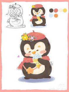 a penguin with flowers on its head and another penguin holding an ice cream cone in their hand