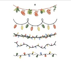 christmas lights and garlands hanging on a line