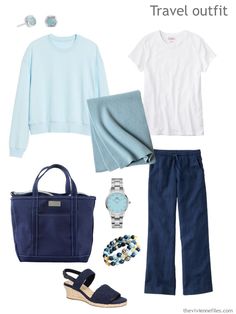 Casual Blue Travel Accessories For Everyday Use, Navy Travel Capsule Wardrobe, Navy Summer Travel Bag, Travel Capsule Wardrobe Blue, Airplane Fashion, Blue Linen Wide-leg Pants, Beach Capsule Wardrobe One Suitcase, Pallet Wardrobe, Spring Pants