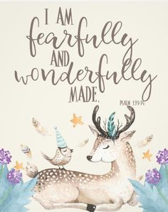 a card with an illustration of two deers and the words i am fearless and wonderful made