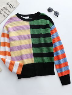 Black Green Winter Multicolor Striped Sweater, Multicolor Ribbed Crew Neck Sweater, Trendy Multicolor Ribbed Sweater, Multicolor Long Sleeve Sweater With Contrast Stripes, Casual Striped Color Block Sweater, Casual Ribbed Multicolor Sweater, Winter Coats Women Parka, Faux Fur Hooded Jacket, Sweater Streetwear