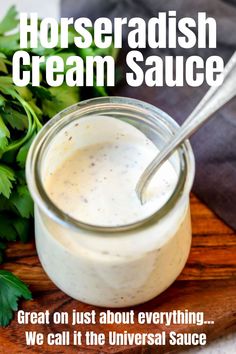 horseradish cream sauce in a glass jar with a spoon