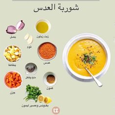 an image of food in different bowls on a white table with the words arabic and english