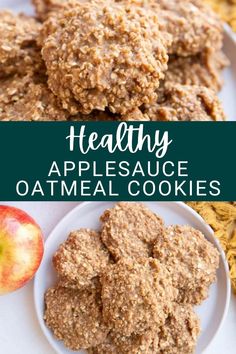 healthy applesauce oatmeal cookies on a plate with an apple in the background